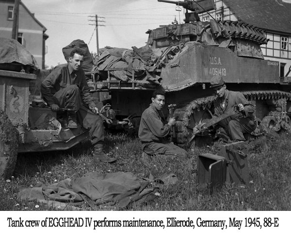 Tank crew of Egghead IV performs maintenance, Ellierode, Germany, May 1945, 88-E