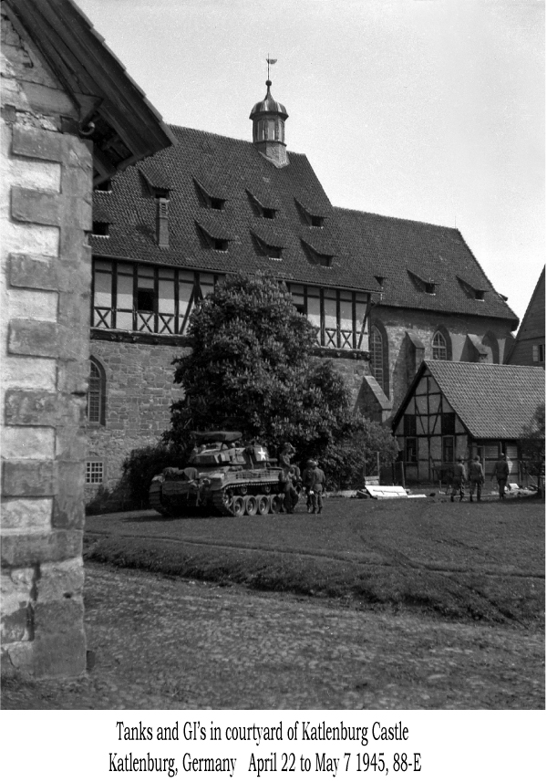 Tanks and GI's in courtyard of Katlenburg Castle, Katlenburg, Germany, April 22 to May 7, 1945, 88-E