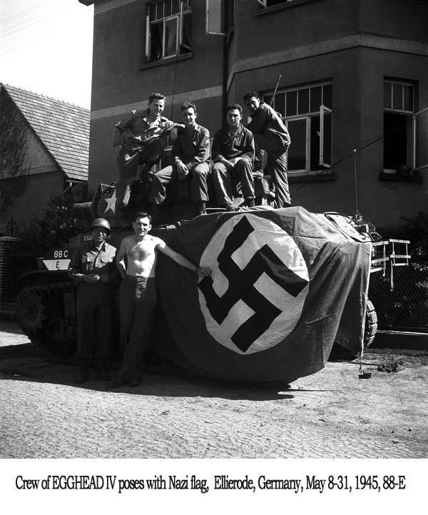 Crew of Egghead IV posed with Nazi flag, Ellierode, Germany, May 8-31, 88-E