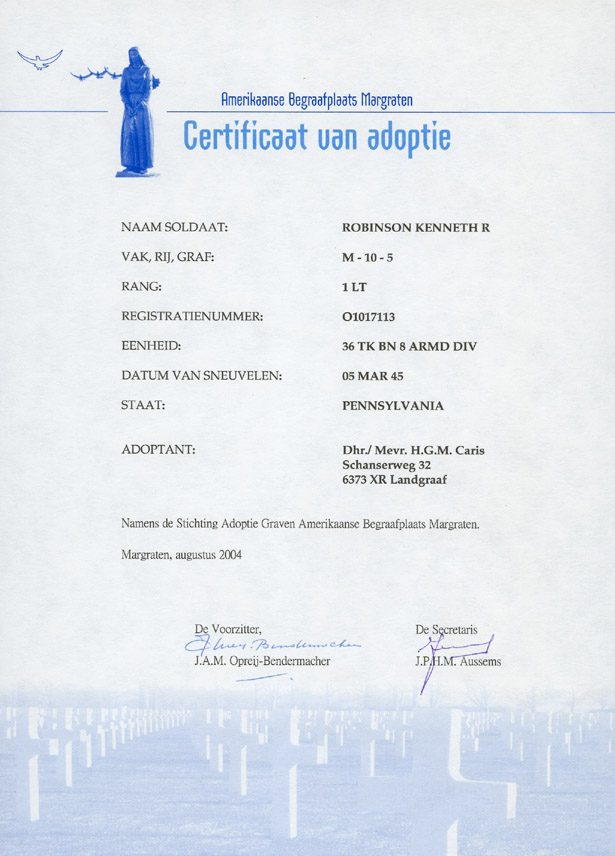 Margraten Cemetery Certificate of Grave Adoption